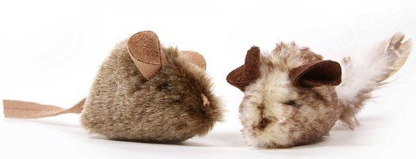 Two electronic mice from Pets Play-N-Squeak are ready to be electronically activated to play with a cat.