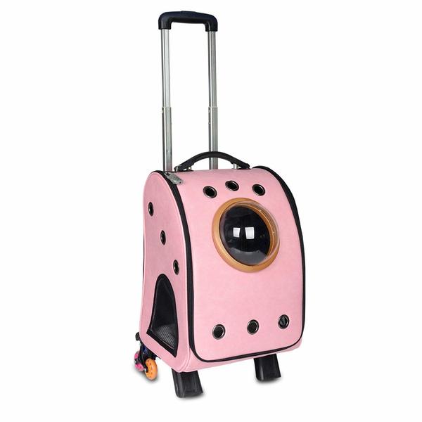 Pink Pettom cat nubble backpack with a handles and wheels.