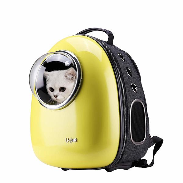 U-Pet Innovative Cat Carrier in yellow color with bubble window and a cat inside. 