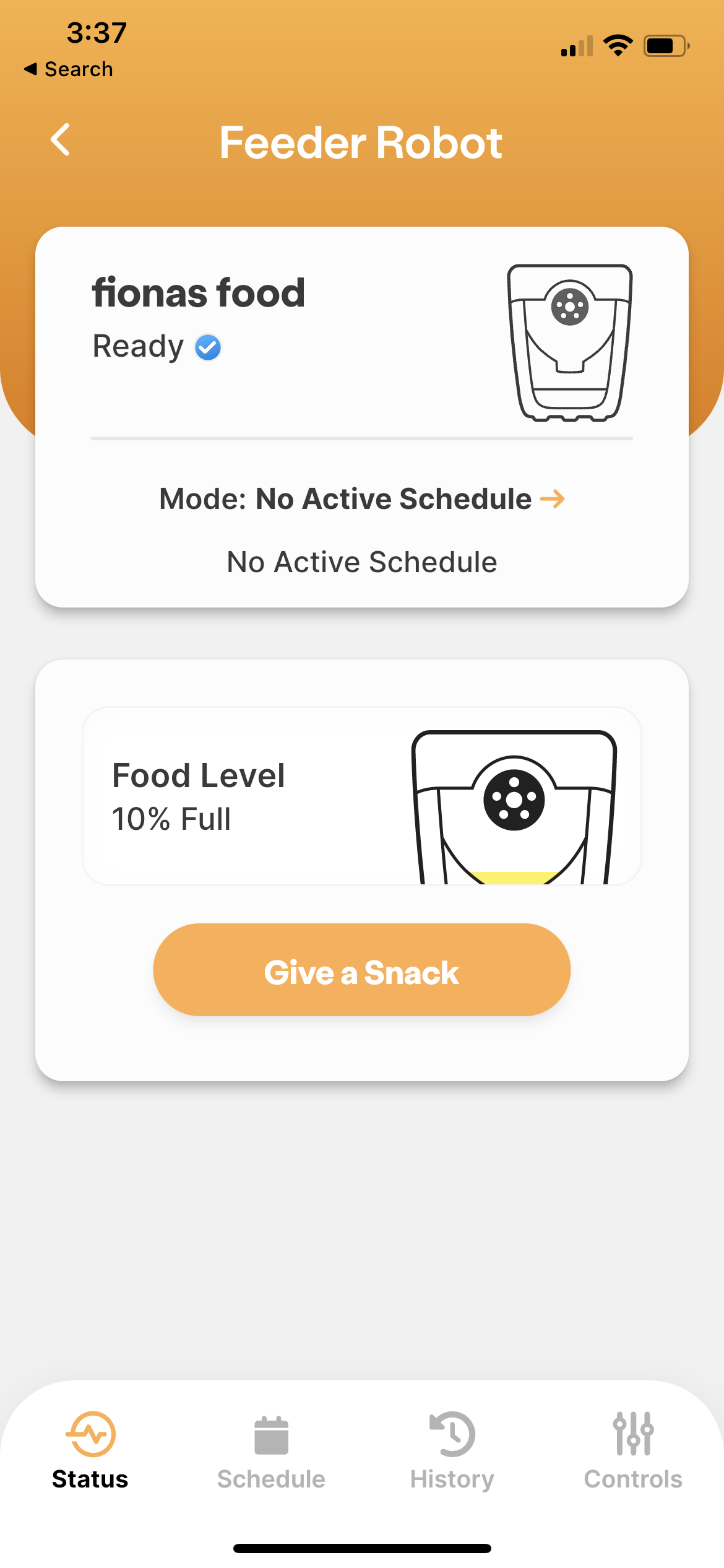 Main screen of Feeder Robot app by Whisker