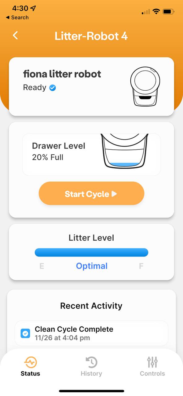 Whisker app screenshot with my cat's profile on using Litter Robot 4