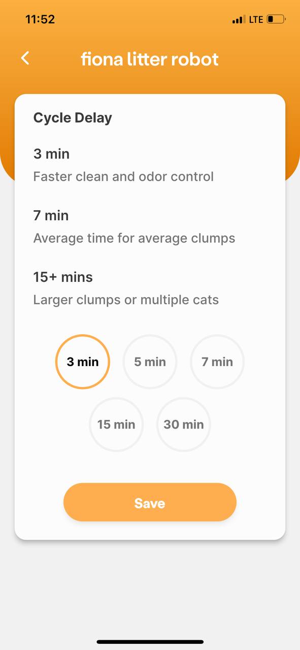 Setting up a cycle time for Litter Robot 4 via Whisker app