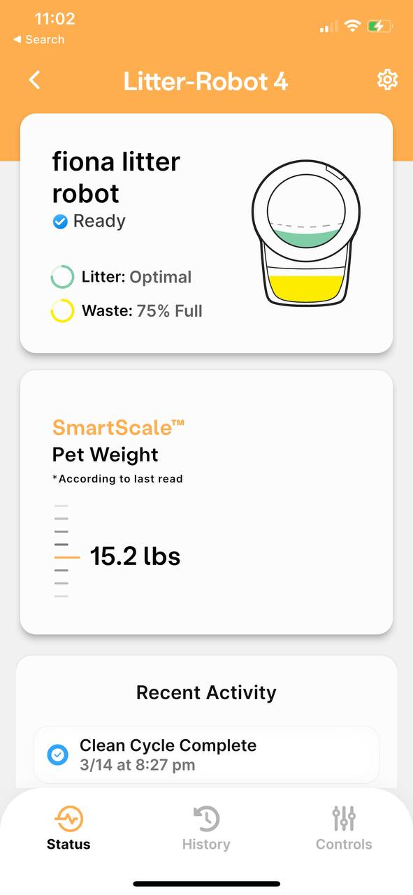SmartScaleTM technology on Litter Robot's 4 Whisker app shows the weight of my cat
