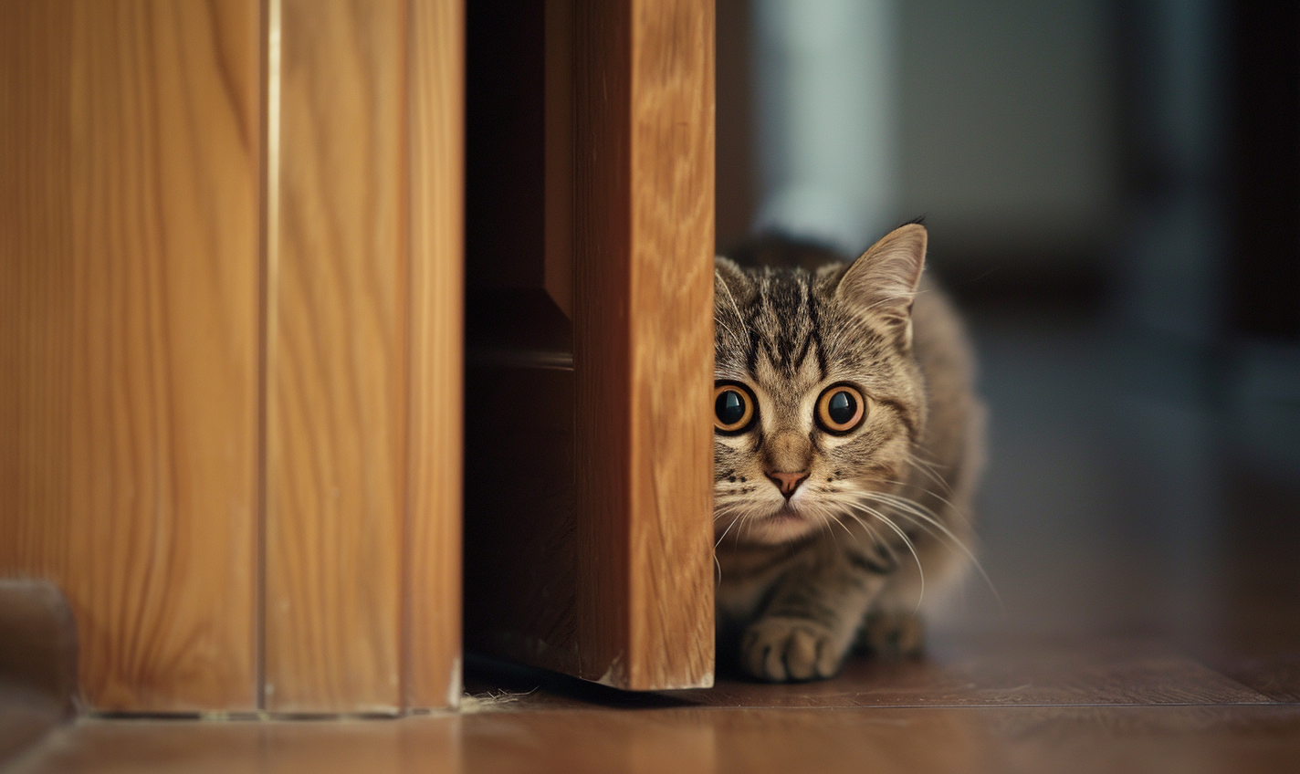 Cat with stress and anxiety hiding behind the door