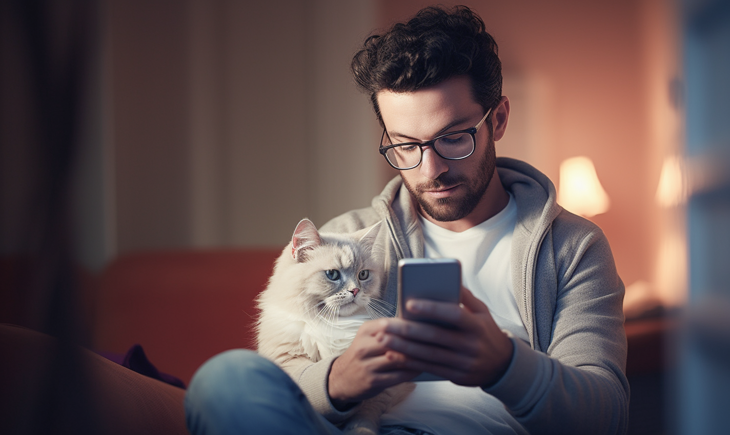 Man calling the vet with a sick cat - cat throwing up